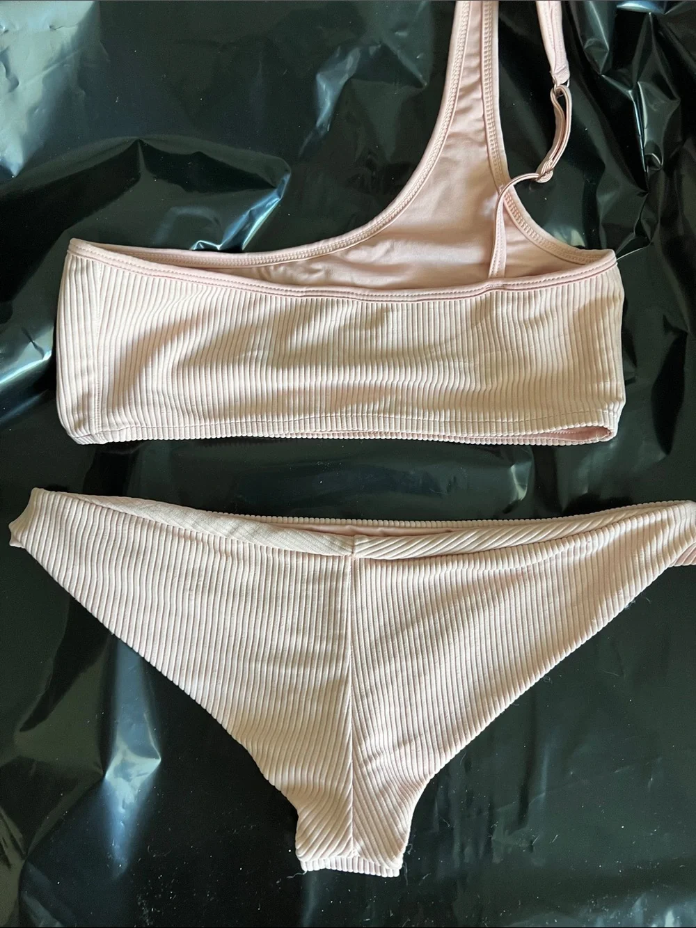 NEW! Frankie's Bikinis Pale Pink Ribbed One-Shoulder tiny Bikini S